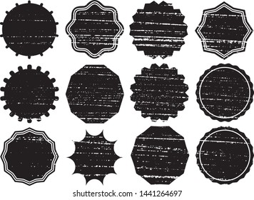 Grunge Circles Post Stamps Collection. Can be used as Round Banners, Insignias or Badges. Vector Distressed Textures Set. Blank Shapes. Vector Illustration. Black isolated on white. EPS10.