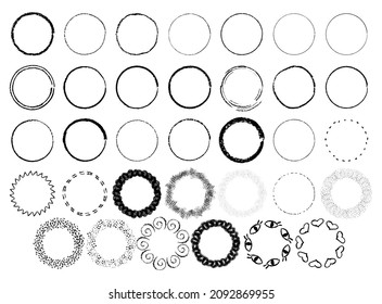 Grunge circles set. Hand drawn crayon strokes. Different round brush circles with dots, hearts, eyes and abstract lines. Vector illustration.