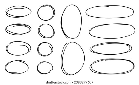 Grunge circles set, hand drawn encircle round highlight elements. Sketchy ovals and ellipses, important marker accentuation. Doodle frame design. Isolated. Vector illustration.