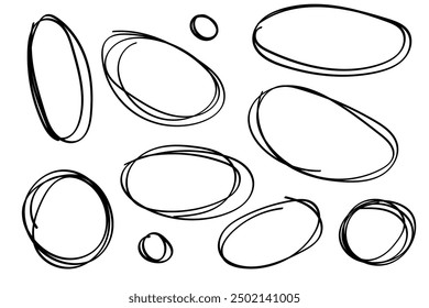 Grunge circles set, hand drawn encircle round highlight elements. Sketchy ovals and ellipses, important marker accentuation. Doodle frame design. Isolated. Vector illustration.