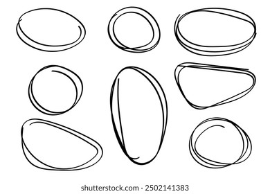 Grunge circles set, hand drawn encircle round highlight elements. Sketchy ovals and ellipses, important marker accentuation. Doodle frame design. Isolated. Vector illustration.