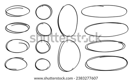 Grunge circles set, hand drawn encircle round highlight elements. Sketchy ovals and ellipses, important marker accentuation. Doodle frame design. Isolated. Vector illustration.