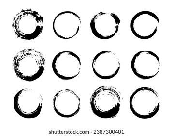 Círculos Grunge. Texturas de distrés vectoriales. Bordes negros vacíos aislados en fondo blanco. Formas en blanco para pancartas, insignias, logotipos, iconos, etiquetas.