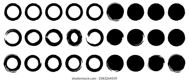 Grunge circles shapes, Set of different ink paint brush strokes, Paint backgrounds and splatters Grunge banner background. Vector illustration Grunge badge brush, hand drawn black sticker.