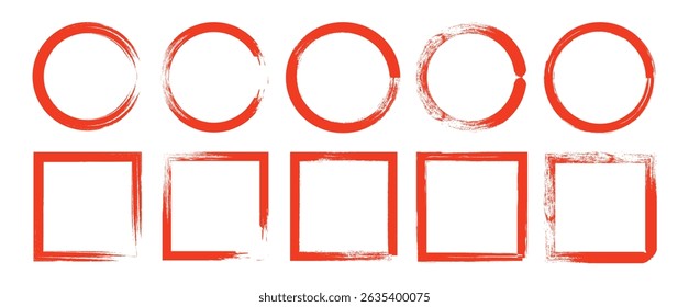 Grunge circles, grunge square. circle and square paint border with rough edges. Text box, sketch dirty line, splash. Scribble frame cadre textured and red