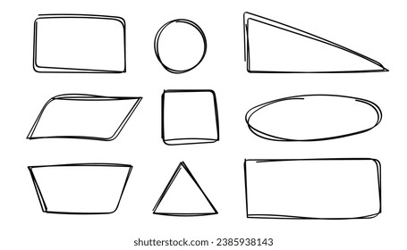 Grunge circles squares triangle set, hand drawn encircle round and rectangle highlight elements. Sketchy important marker accentuation shapes. Doodle frame design. Isolated. Vector illustration.