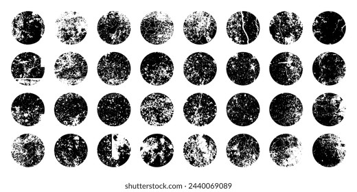 Grunge circles with stains and scratches. Circle brush stroke, round shape design element. Distressed dirty text frame, border, sticker or label. Paintbrush, ink stains. Vector illustration