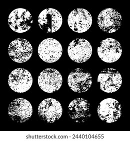 Grunge circles with stains and scratches. Circle brush stroke, round shape design element. Distressed dirty text frame, border, sticker or label. Paintbrush, ink stains. Vector illustration