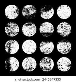 Grunge circles with stains and scratches. Circle brush stroke, round shape design element. Distressed dirty text frame, border, sticker or label. Paintbrush, ink stains. Vector illustration