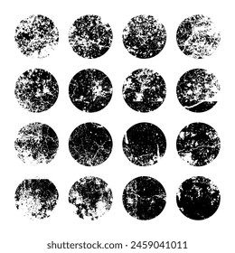 Grunge circles with stains and scratches. Circle brush stroke, round shape design element. Distressed dirty text frame, border, sticker or label. Paintbrush, ink stains. Vector illustration