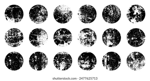 Grunge circles with stains and scratches. Circle brush stroke, round shape design element. Distressed dirty text frame, border, sticker or label. Paintbrush, ink stains. Vector illustration