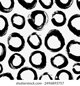 Grunge circles vector seamless pattern. Hand drawn polka dot pattern with bold circles. Modern black vector distress texture. Black round shapes background. Geometric graphic design elements