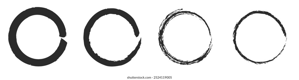 Preto circular grunge isolado por pincéis de tinta e formas redondas para realces. Ícones de vetor no estilo de rabiscar