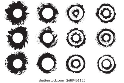 Textura de pincel circular do Grunge definida em fundo branco, formas de círculo de tinta preta abstrata com bordas ásperas, coleção de elementos de design grunge redonda angustiada