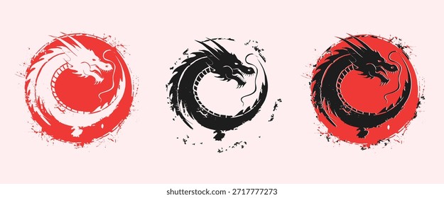 Emblema circular del dragón del grunge fijado en rojo y negro, Vector asiático del logotipo del dragón del estilo en el fondo blanco