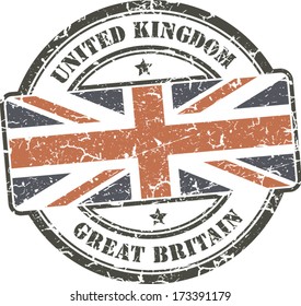 Grunge circular stamp with British flag. White background.