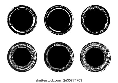 Grunge Rundstempelbürsten - Distressed Black Ink Circle Frames Set, Distressed Circular Brush Frame Collection.