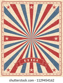 Grunge circus vintage  background. Vertical retro poster. Vector illustration with red and blue rays