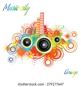 Grunge city background music, retro style, vector illustration