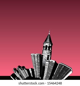 Grunge city background with tower