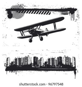 grunge city frame with plane flying
