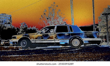 Paisagem da cidade de Grunge. Carro retrô no fundo da arquitetura da cidade, árvores, céu noturno. Trabalho do autor. Arte moderna. Vetor.