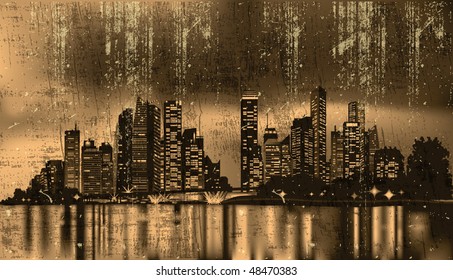 grunge city at night reflecting over calm waters