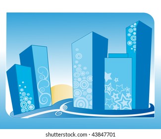 Grunge city vector illustration, blue