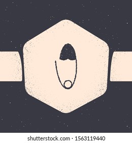Grunge Classic closed steel safety pin icon isolated on grey background. Monochrome vintage drawing. Vector Illustration