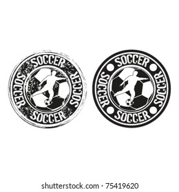 grunge and clean soccer stamp with player and ball silhouette