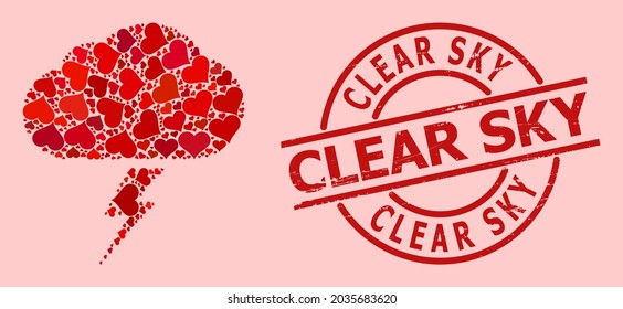 Grunge Clear Sky stamp seal, and red love heart collage for thunderstorm. Red round stamp seal contains Clear Sky caption inside circle. Thunderstorm mosaic is organized of red amour items.