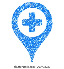 Grunge Clinic Pointer icon with grunge design and dust texture. Unclean vector blue pictogram for rubber seal stamp imitations and watermarks. Draft sticker symbol.
