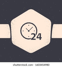 Grunge Clock 24 hours icon isolated on grey background. All day cyclic icon. 24 hours service symbol. Monochrome vintage drawing. Vector Illustration