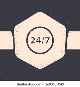 Grunge Clock 24 hours icon isolated on grey background. All day cyclic icon. 24 hours service symbol. Monochrome vintage drawing. Vector Illustration