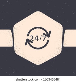 Grunge Clock 24 hours icon isolated on grey background. All day cyclic icon. 24 hours service symbol. Monochrome vintage drawing. Vector Illustration