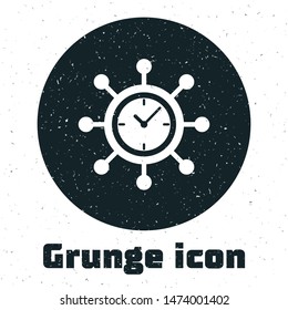 Grunge Clock and gear icon isolated on white background. Time Management symbol. Business concept. Hub and spokes and clock solid icon.  Vector Illustration