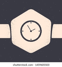 Grunge Clock icon isolated on grey background. Time symbol. Monochrome vintage drawing. Vector Illustration