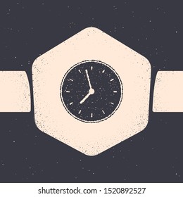Grunge Clock icon isolated on grey background. Time symbol. Monochrome vintage drawing. Vector Illustration