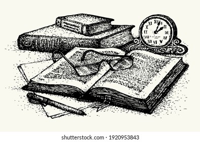 El vector aún vive. Libros antiguos, papel, pluma y reloj