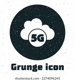 Grunge Cloud 5G new wireless internet wifi connection icon isolated on white background. Global network high speed connection data rate technology. Monochrome vintage drawing. Vector