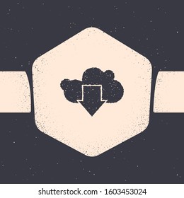 Grunge Cloud download icon isolated on grey background. Monochrome vintage drawing. Vector Illustration