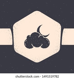 Grunge Cloud with moon and stars icon isolated on grey background. Cloudy night sign. Sleep dreams symbol. Night or bed time sign. Monochrome vintage drawing. Vector Illustration