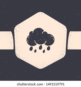 Grunge Cloud with rain icon isolated on grey background. Rain cloud precipitation with rain drops. Monochrome vintage drawing. Vector Illustration