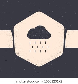Grunge Cloud with rain icon isolated on grey background. Rain cloud precipitation with rain drops. Monochrome vintage drawing. Vector Illustration