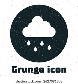 Nube de grunge con icono de lluvia aislado sobre fondo blanco. Precipitación de nubes de lluvia con gotas de lluvia. Dibujo vintage monocromo. Vector