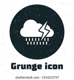 Grunge Cloud with rain and lightning icon isolated on white background. Rain cloud precipitation with rain drops.Weather icon of storm.  Vector Illustration