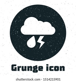 Grunge Cloud with rain and lightning icon isolated on white background. Rain cloud precipitation with rain drops.Weather icon of storm.  Vector Illustration