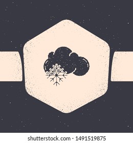 Grunge Cloud with snow icon isolated on grey background. Cloud with snowflakes. Single weather icon. Snowing sign. Monochrome vintage drawing. Vector Illustration