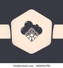Grunge Cloud with snow icon isolated on grey background. Cloud with snowflakes. Single weather icon. Snowing sign. Monochrome vintage drawing. Vector Illustration