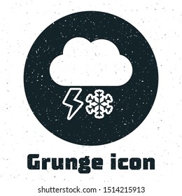 Grunge Cloud with snow and lightning icon isolated on white background. Cloud with snowflakes. Single weather icon. Snowing sign.  Vector Illustration